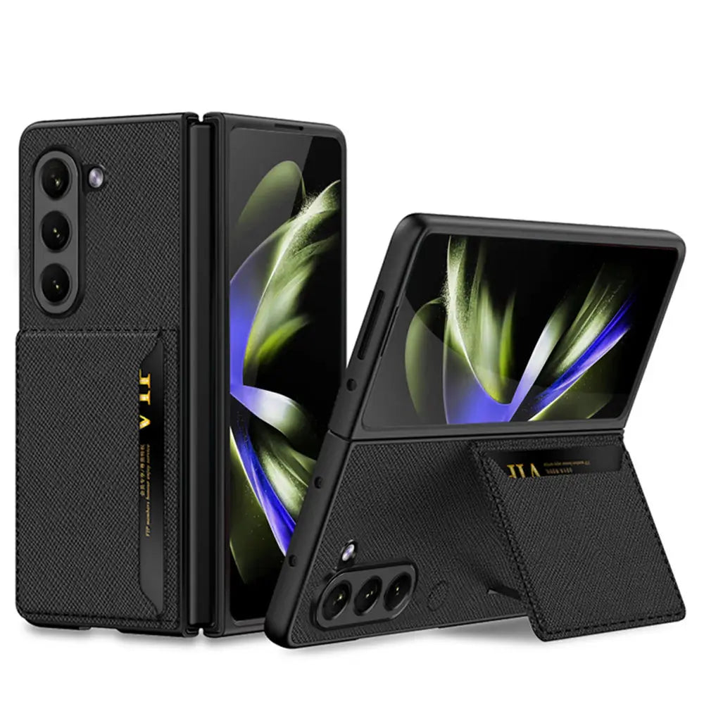 for Samsung Galaxy Z Fold 5 Card Bag Plain Leather Case Anti-fingerprint Delicate Touch Drop-proof Full Protection Cover