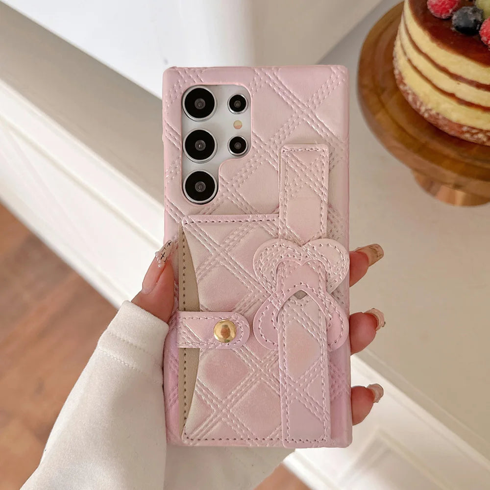 Glitter Dazzling Leather Slot Card Bag Holder Case For Samsung S24 S23 S22 S25 Ultra Luxury Lattice Love Heart Wrist Strap Cover