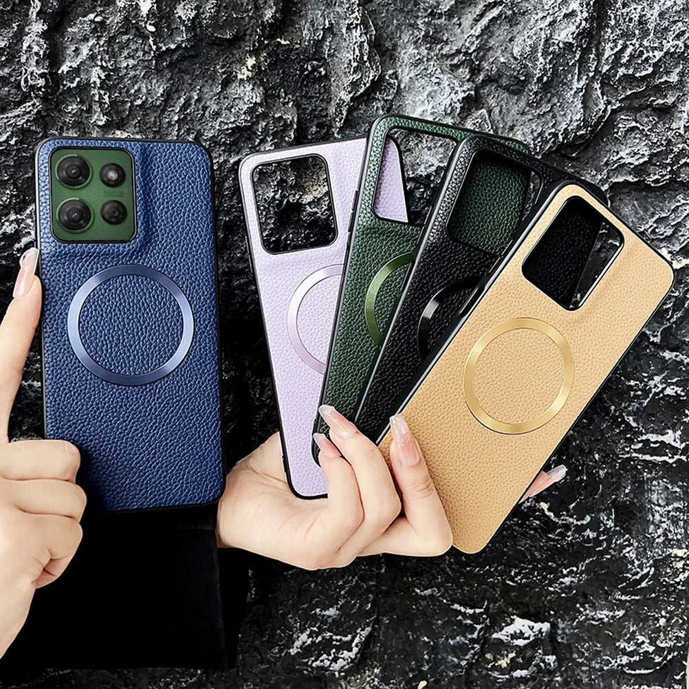 With Magsafe Magnetic Plain Leather Lychee Case For Moto G 2025 G Power 2025 G15 Power G05 G55 G35 G45 E15 Camera protect Cover