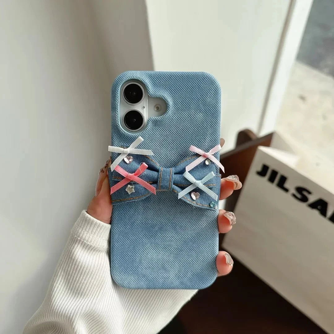 Sweet Bow Denim Stand Case Hard Back Cover for Google Pixel 7 7A 8 8A 9 9A 9 Pro XL10 10Pro with Adorable Bow Kickstand, Bracket