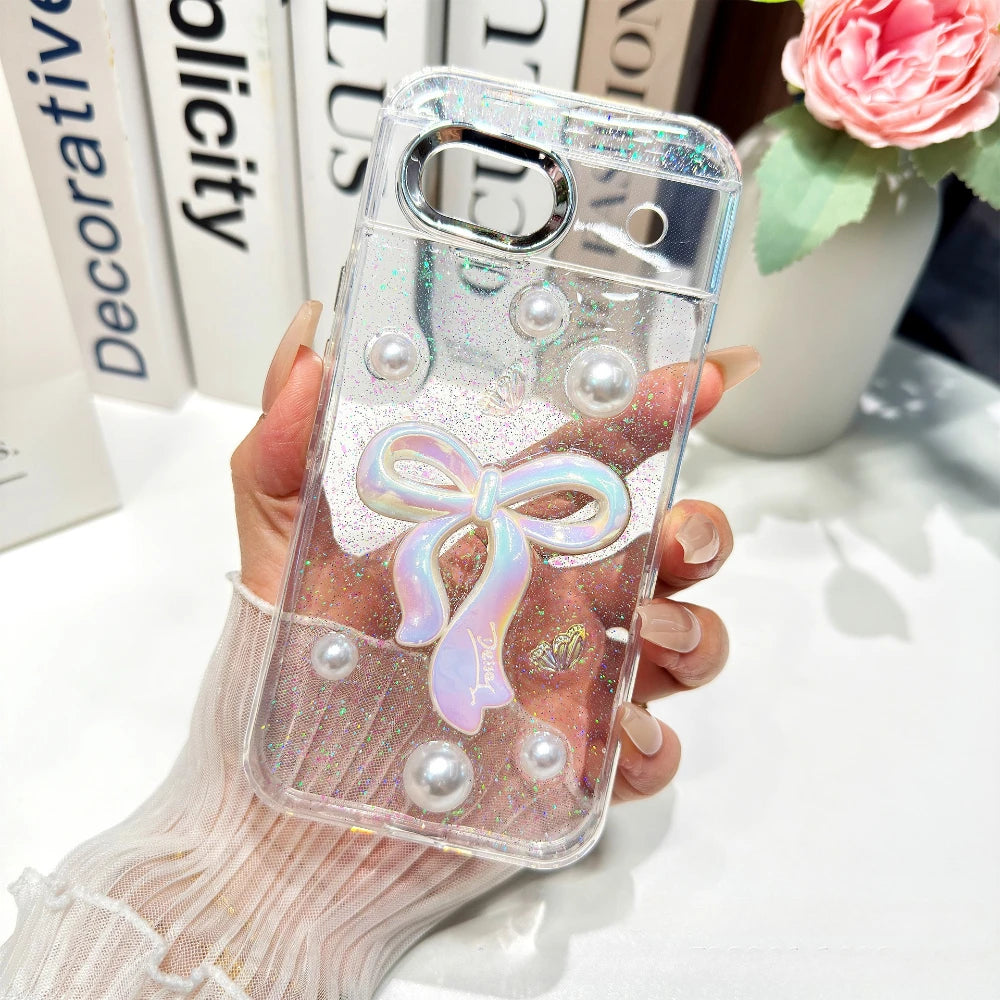 Cute 3D Rose Butterfly Bow Pearl Glitter Transparent Case for Google Pixel 8 9 10 Pro XL 9A 8A Shockproof Epoxy Clear TPU Cover