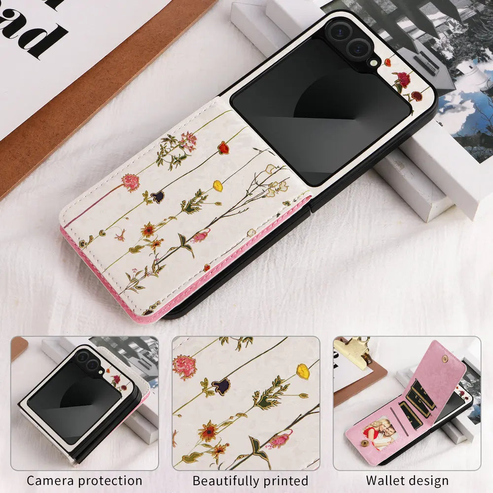 Wallet Double Button Floral Leather Card Coque for Samsung Galaxy Z Flip 7 5G 2025 Luxury Case ZFlip 7 SE Flip7 6 5 Magnet Cover