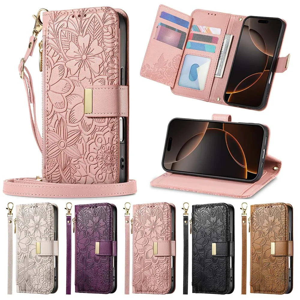 Zipper Wallet Flip Case For Google Pixel 10 Pro XL 9 9A 8 8A 7 7A 6 6A Card Holder Wrist Strap Phone Back Cover