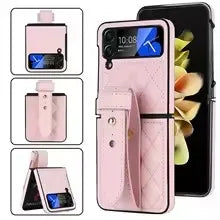 Leather Wristband Phone Case for Samsung Galaxy Z Flip 5 4 5G Flip5 Zflip 6 Wrist Strap Thin Skin Feeling Shockproof Stand Cover
