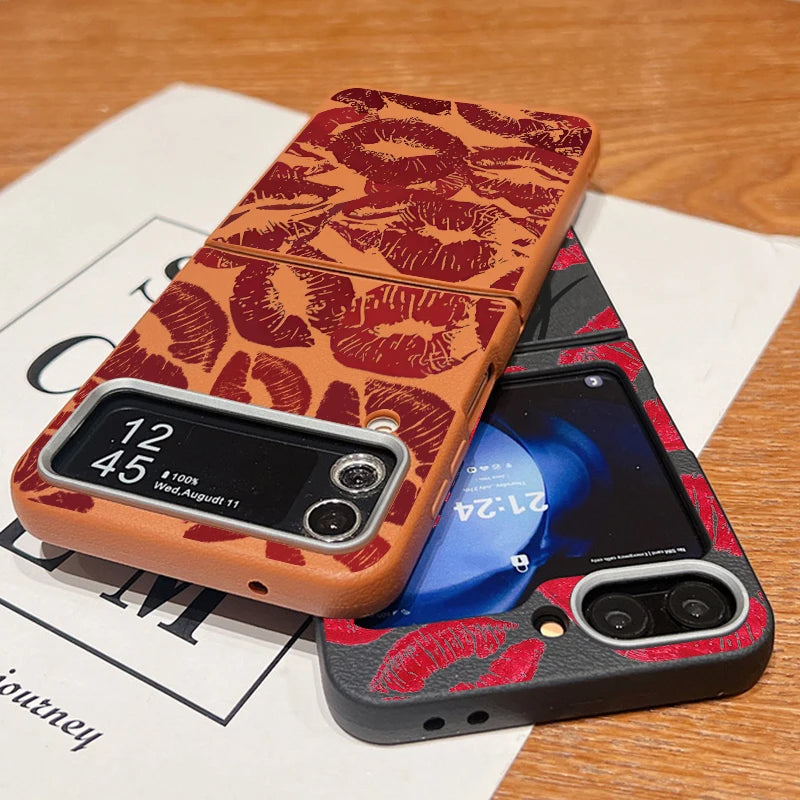 Red Lips Print Folding Phone Case For Samsung Galaxy Z Flip 6 5 4 3 Leather Texture TPU Cover For Samsung Z Flip6 Flip5 Flip4 5G