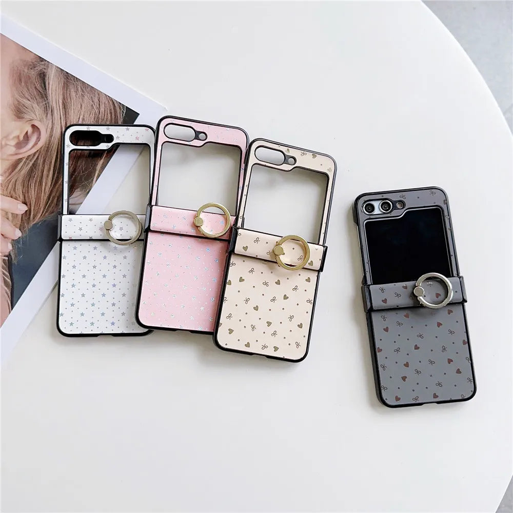 Luxury PU Leather Phone Case for Samsung Galaxy Z Flip 6 5 Flip6 Flip5 5G Ring Hard Shell Shockproof Cover