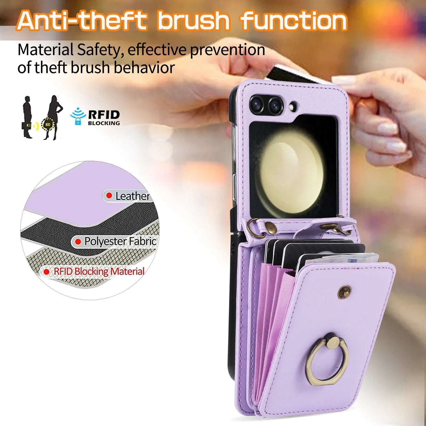 Crossbody Leather Cards Solt Wallet Bag Case For Samsung Galaxy Z Flip 6 5 4 3 5G Flip5 Finger Ring Holder Lanyard Pocket Cover