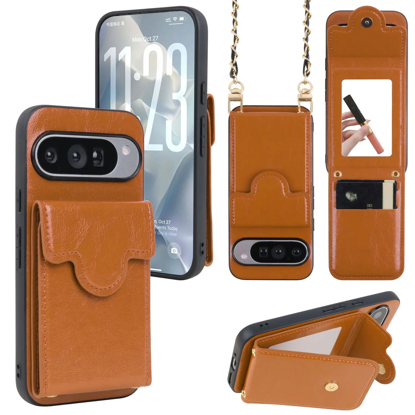 PU Leather Phone Case With Large Capacity Coin Card Holder Built-in Mirror Fashion New Style for Google Pixel 6 7 8 9 10 Pro