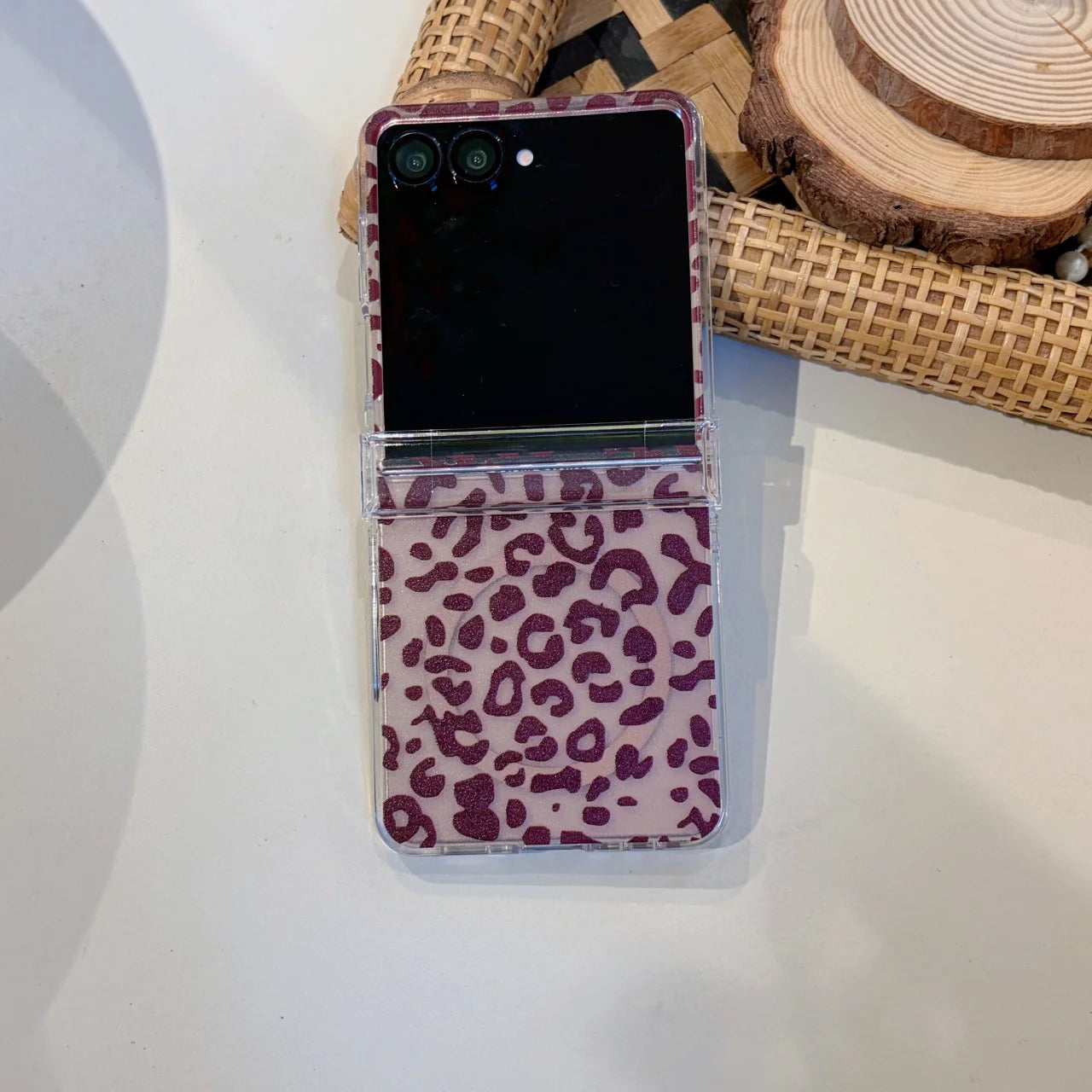 Transparent Leopard Pattern Stand Holder With Bracelet Phone Case For Samsung Z Flip 5 6 7 8 FE Shockproof Protective Cover