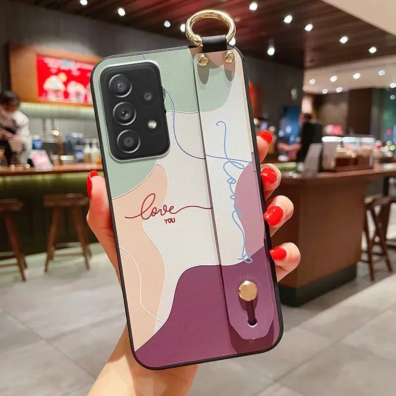 Wrist Strap Case For Samsung S25 Plus Ultra S24 FE A06 16 36 26 56 15 25 35 55 Vintage Flower Soft TPU Phone Holder Case Cover