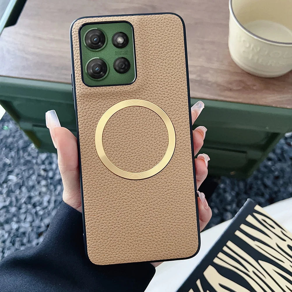 With Magsafe Magnetic Plain Leather Lychee Case For Moto G 2025 G Power 2025 G15 Power G05 G55 G35 G45 E15 Camera protect Cover