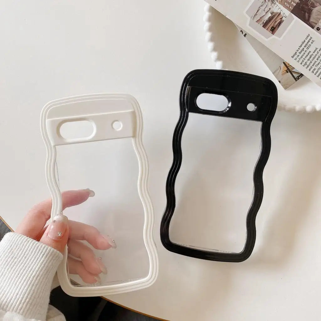 2IN1 Creative Curly Wavy Transparent Case For Google Pixel 9 Pro 9A 8 8A 7A Candy Color Shockproof Clear Hard Acrylic Back Cover