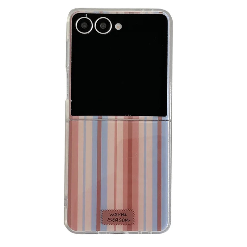 Fashion Brown Stripe Phone Case For Samsung Z Flip 7 6 5 4 Cover with Flower Stand Holder Chain Cute Cases For Galaxy Flip7 Capa