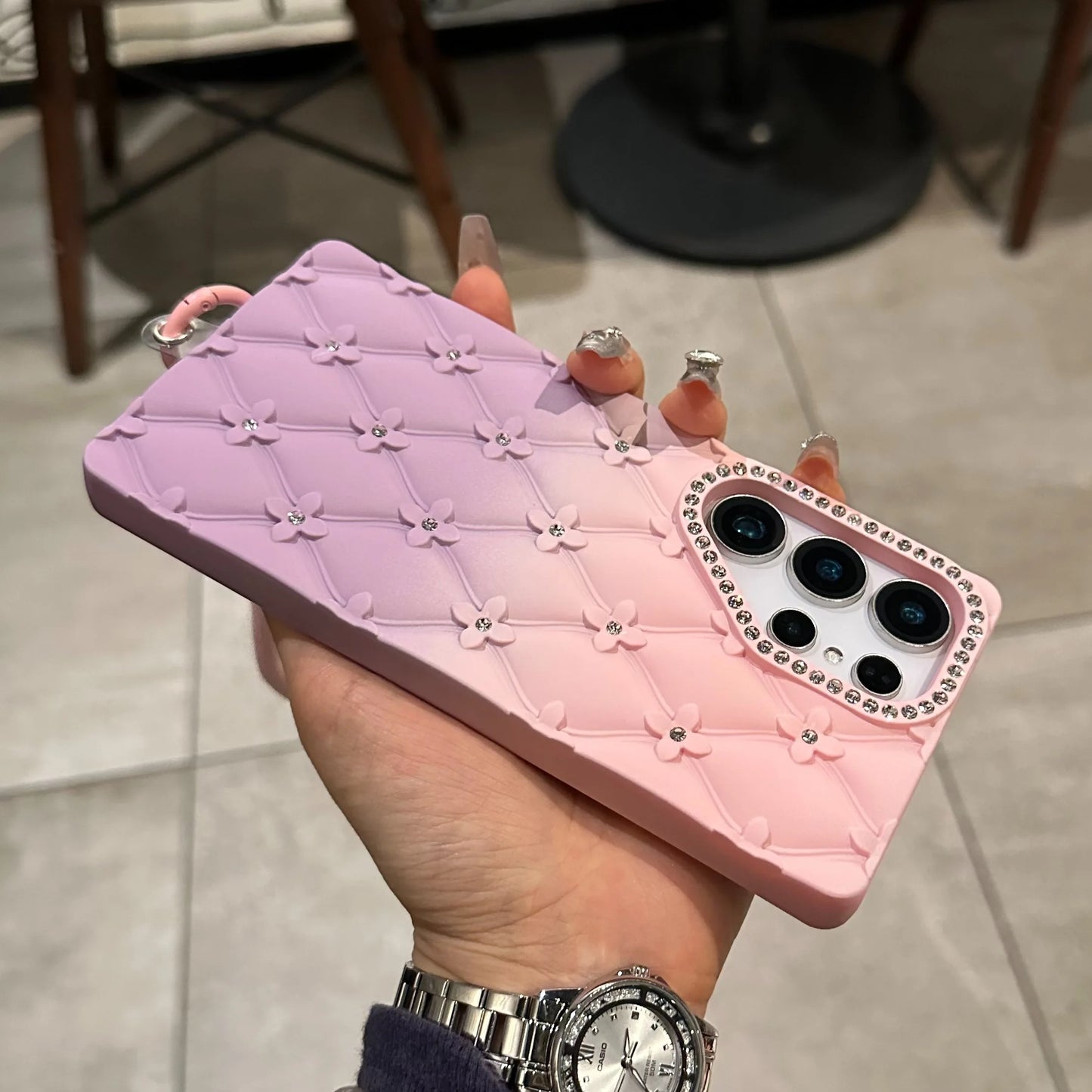 Luxury Glitter Diamond 6D Flowers S25 Edge Gradient Case For Samsung Galxy S25 S24 S23 Ultra Plus FE A26 A16 Wrist Strap Cover