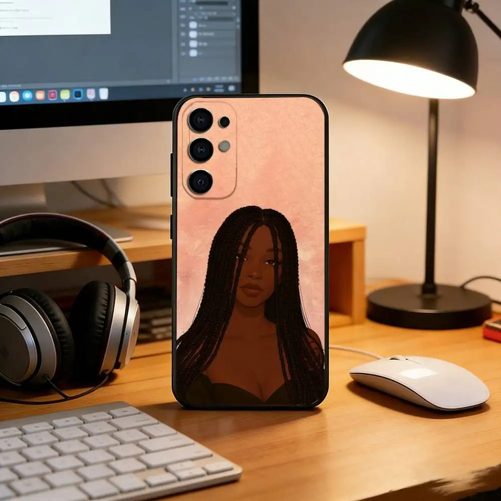 Cartoon African Black Girl Phone Case For Samsung S25,S24,S21,S22,S23,S30,Ultra,S20,Plus,Fe,Soft Silicone Black Cover