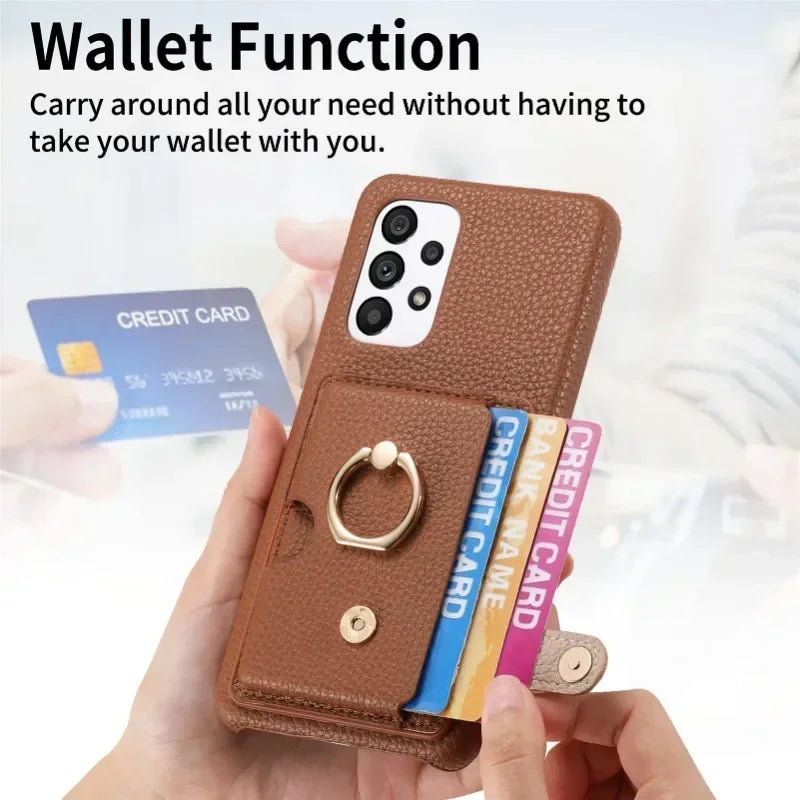 Ring Leather Phone Case for Samsung Galaxy S25 23 S21 FE S24 Ultra S22 Plus A54 A15 A25 A35 A55 Wallet  with Card Holder Cover