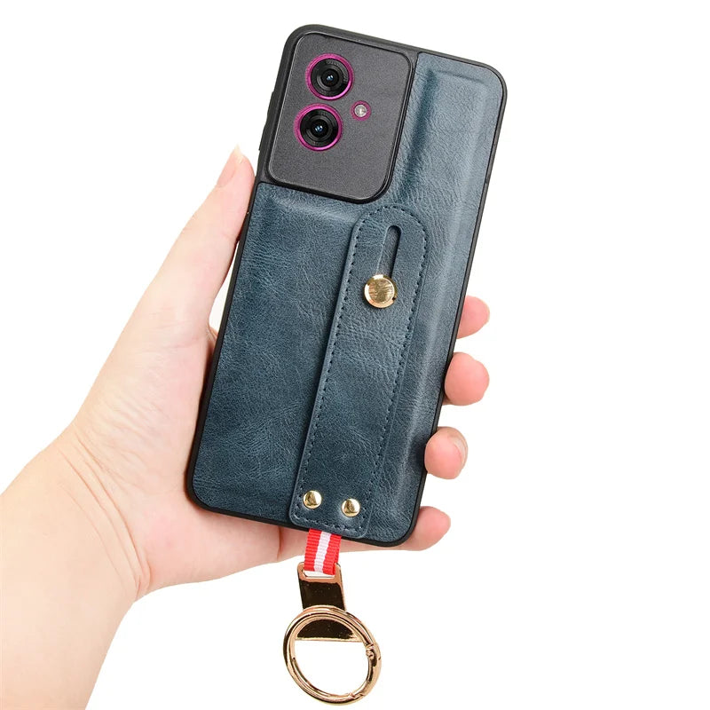 Luxury Wristband Leather Stand Case for Motorola Moto G35 G55 G45 G85 5G With Ring Opener Coque Fundas Capa