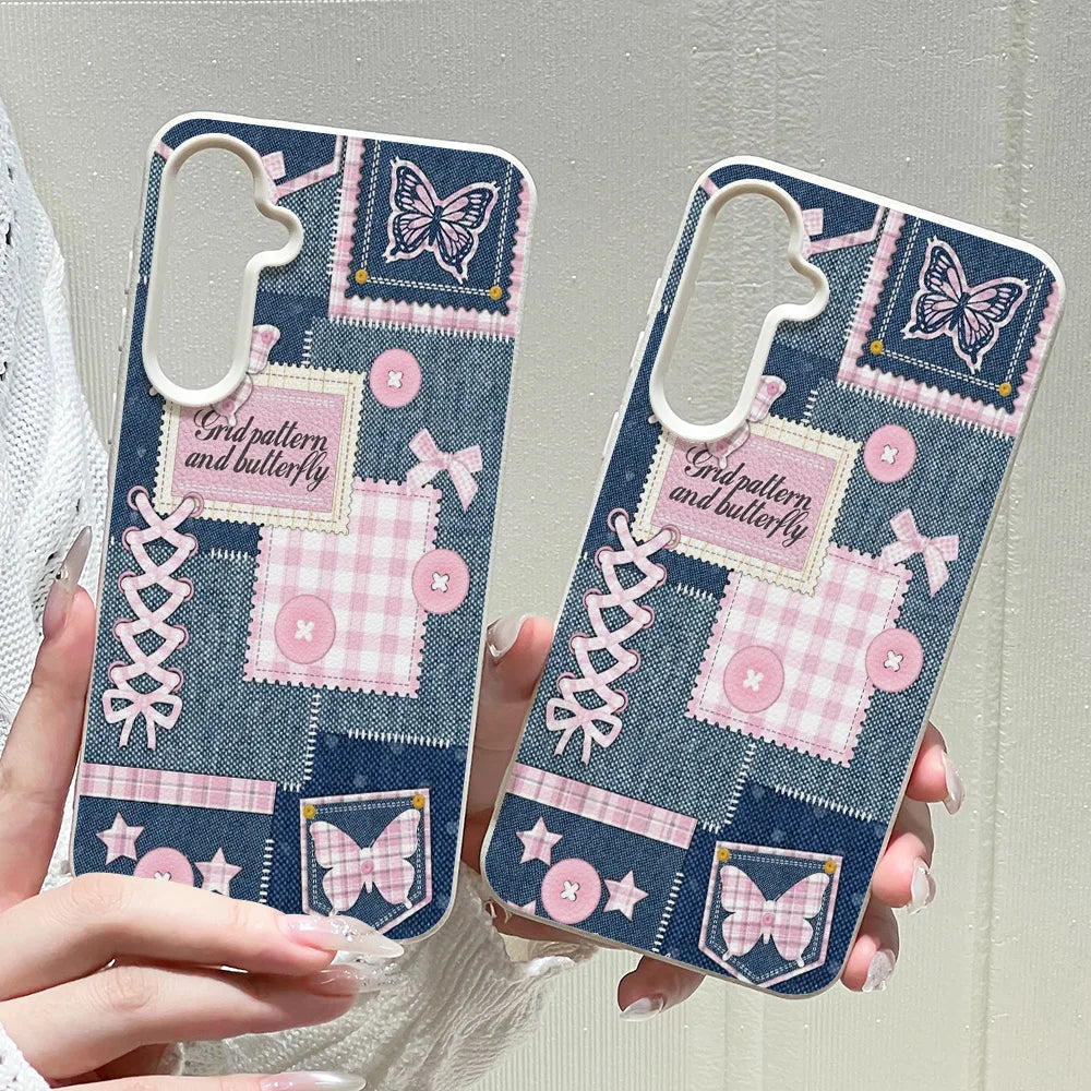 Phone Case for Samsung Galaxy S26 S25 S23 Ultra S24 FE A57 A56 A55 A54 A53 A16 5G A07 A06 A15 4G Cases Denim Patchwork Butterfly