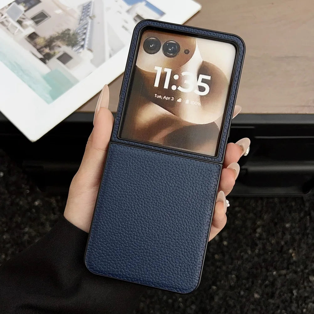 Plain Leather Lychee Patterned Case For Moto Razr 60 Ultra Razr60 Motorola razr 50 Ultra razr+ 2024 Camera protect Cover