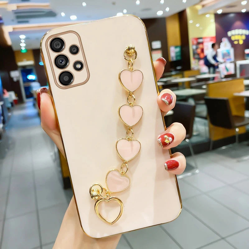 Fashion Plating Love Heart Bracelet Chain Case For Samsung Galaxy S25 S24 Ultra S23 S22 Plus S21 S20 FE Shockproof Back Cover