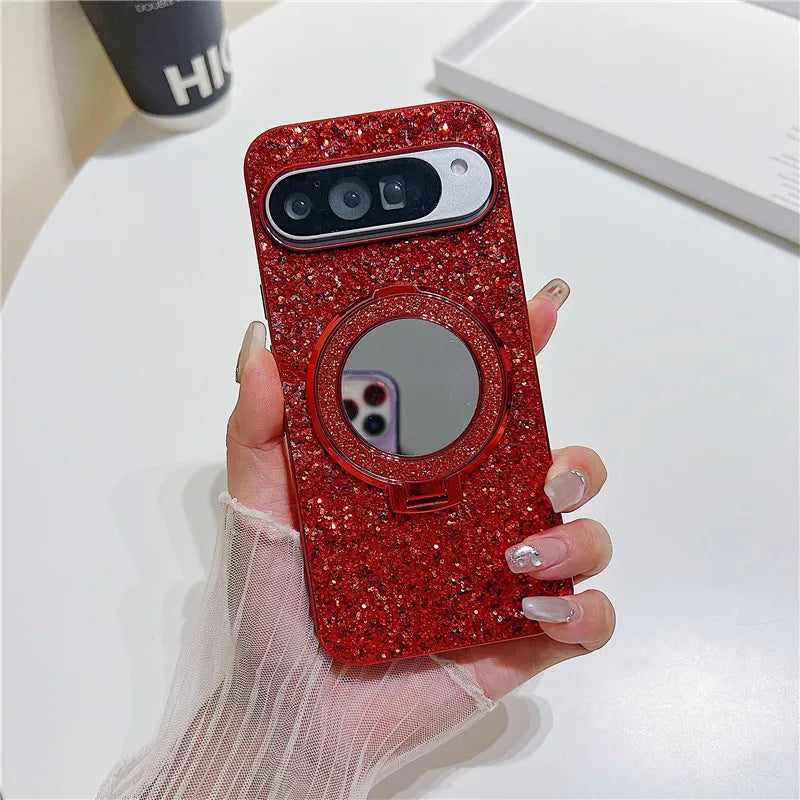 Bling Mirror Magnetic Metal Bracket Case For Google Pixel 9 10 Pro XL 8A 8Pro 7A 6 7 Pro Wireless Charging Glitter Sequins Cover