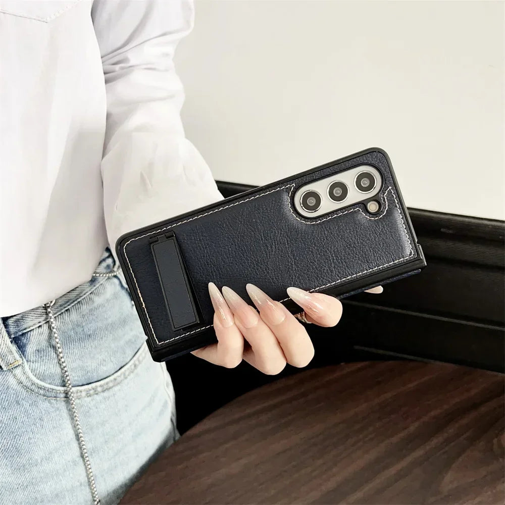 Shockproof Hinge Protective Bracket Phone Case for Samsung Galaxy Z Fold 6 5 4 3 Fold6 Fold5 Fold4 Fold3 5G PU Leather Cover