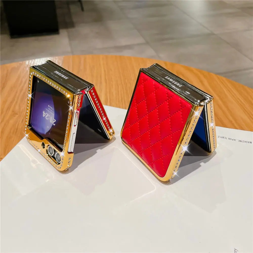 Luxury Bling Diamond Leather Plating Case For Samsung Galaxy Z Flip 6 Flip 5 Flip 3 4 Shockproof Cover Funda