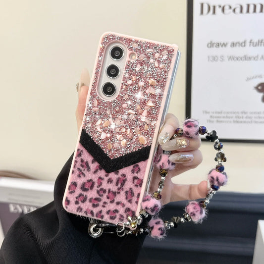 Luxury Bling Rhinestone Leopard Print Case For Samsung Galaxy Z Fold 6 5 4 3 5G Fold4 Fold5 Cover Fold6 Fashion Bracelet Shell