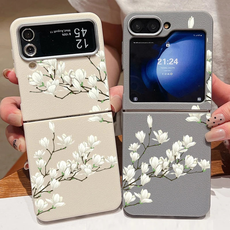 For Samsung Galaxy Z Flip 5 6 4 3 5G Luxury Leather Phone Case Flowers Pattern Soft TPU Folding Cover For Samsung Z Flip4 Flip5