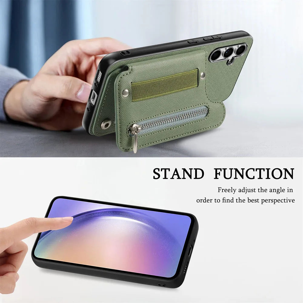 Zipper Cards Solt Wallet Leather Case For Samsung Galaxy A56 A55 A54 A53 A34 A36 A35 A25 A17 Elastic Rope Wrist Leather Cover