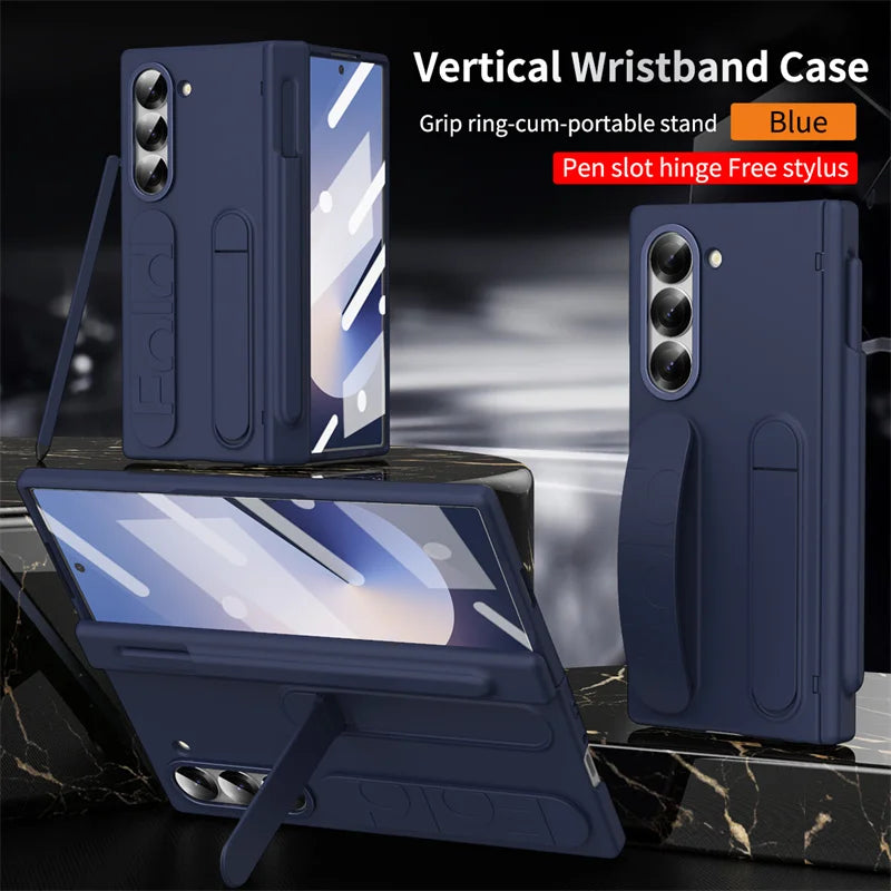 Wristband Holder Hinge Phone Case For Samsung Galaxy Z Fold 7 6 5 4 3 With Pen Slot & S Pen Screen Protector Film Protect Cover