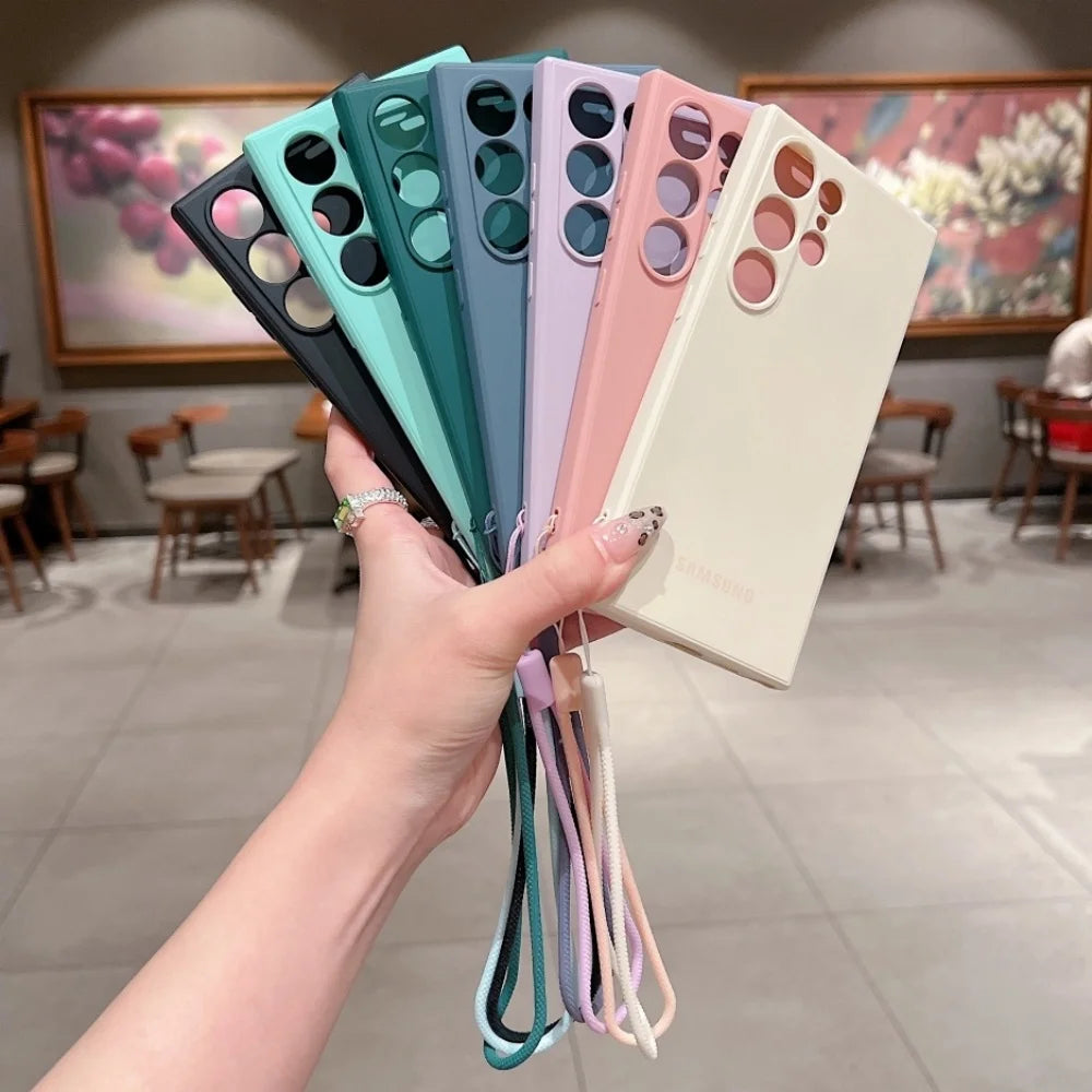 Original Liquid Silicone Wrist Strap Soft Case Samsung Galaxy S25 S24 Ultra S23 S22 Plus S21 FE Lens Protection Thickened Cover
