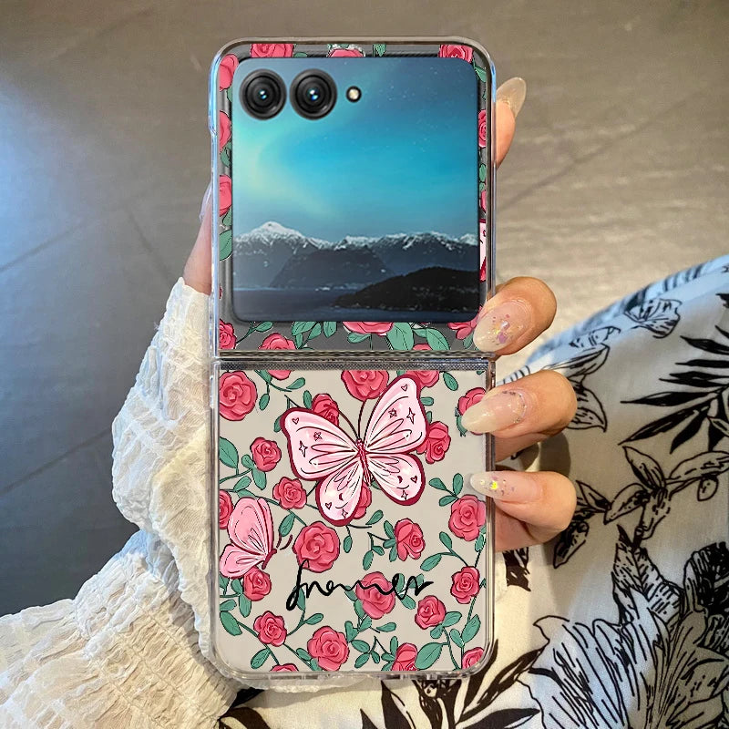 Flowers Bowknot Clear Phone Case For Motorola Razr 50 40 Ultra Razr40 Razr50 Shockproof Bumper Transparent Folding Hard PC Cover