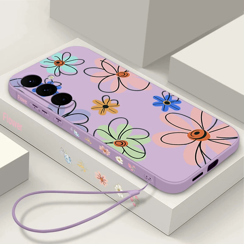 Cute Cartoon Flowers Lanyard Case For Samsung Galaxy S25 Ultra S24 S23 S22 Plus S21 FE A15 A16 A35 A36 A54 A55 A56 5G Capa Coque