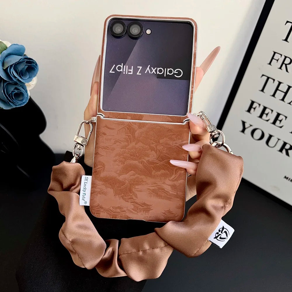 For Samsung Galaxy Z Flip 7 6 5 Flip 7FE Side Buckle Phone Case Landscape Painting Folding Protection Cover with Lanyard