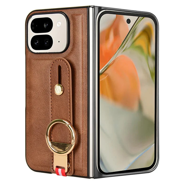 Luxury Wristband Leather Stand Case for Google Pixel 9 Pro Fold Cover Foldable With Ring Opener Hook Coque Fundas Capa