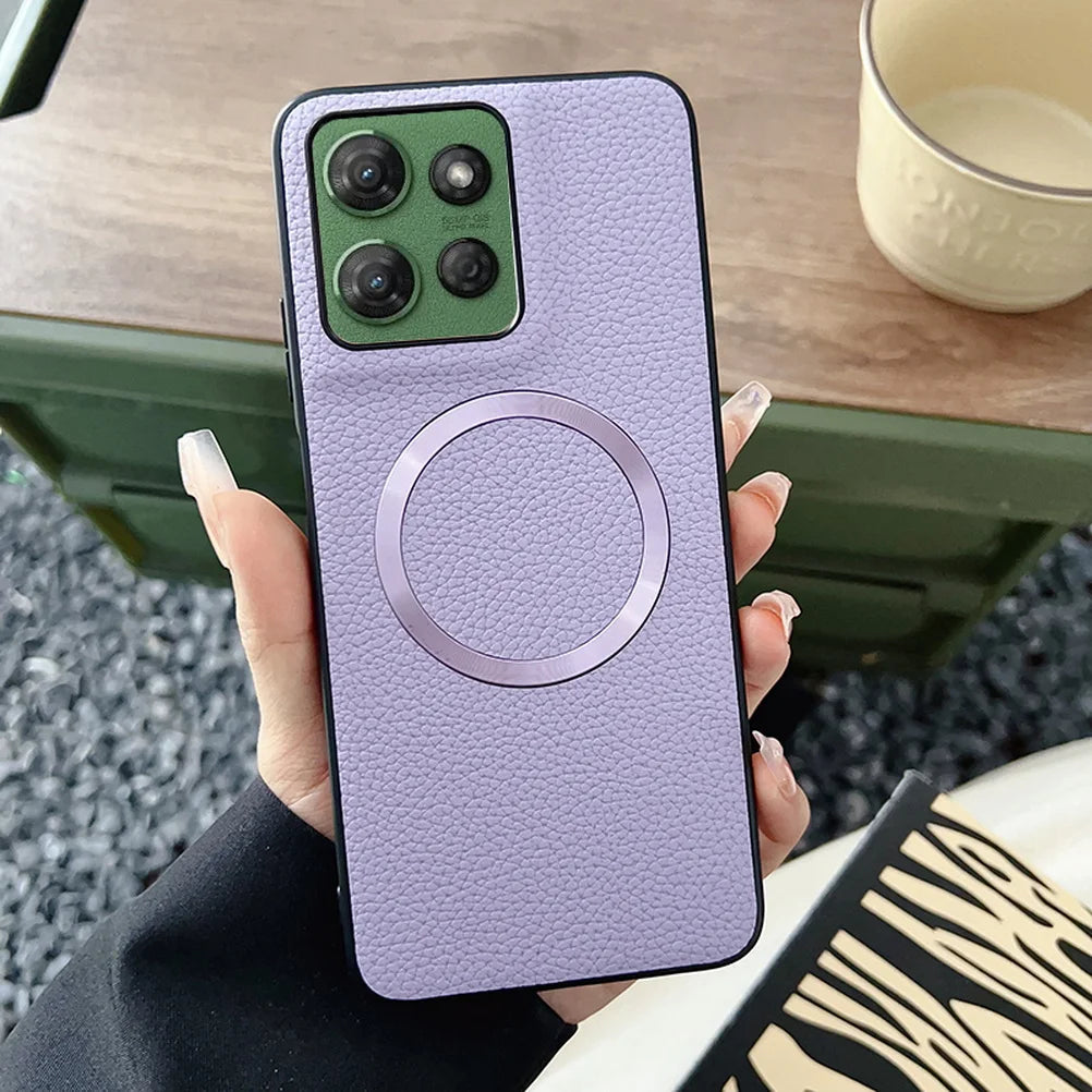 With Magsafe Magnetic Plain Leather Lychee Case For Moto G 2025 G Power 2025 G15 Power G05 G55 G35 G45 E15 Camera protect Cover