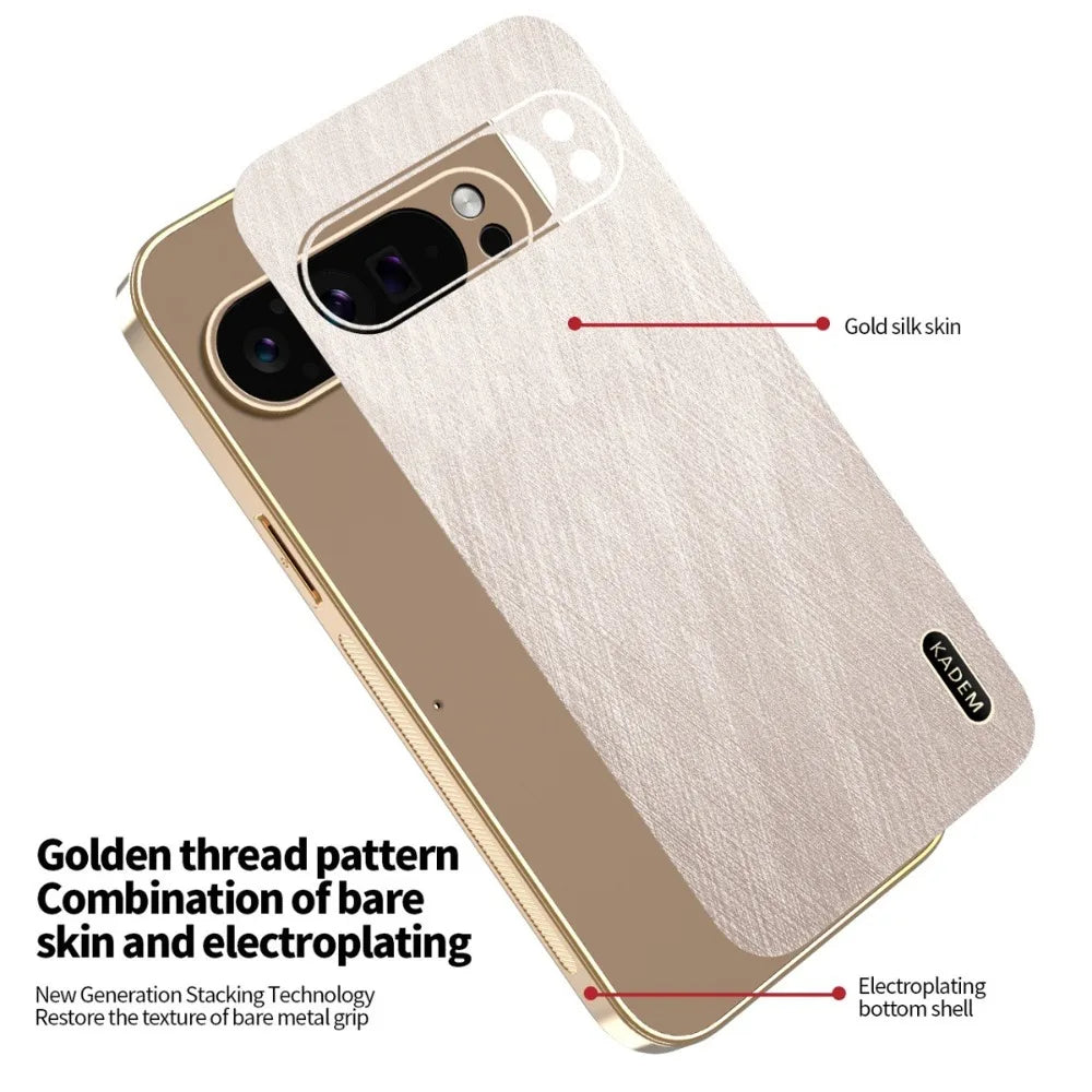 Plating Gold Silk Skin Phone Case for Google Pixel 9 8 7 6 10 Pro XL 8A 7A 6A All Around Protect Shell Leather Shockproof Cover