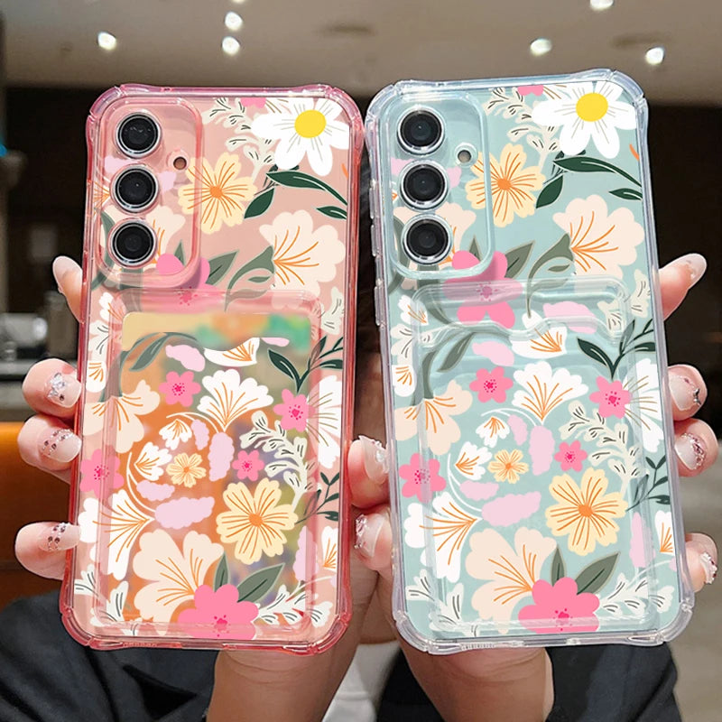 Flower Card Bag Wallet Clear Case For Samsung Galaxy S25 S24 S22 Ultra S23 S21 FE A55 A54 A35 A25 A15 A16 5G A06 TPU Phone Cover