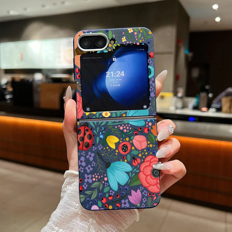 Romantic Garden Flower Case For Samsung Z Flip4 Flip5 Flip6 5G Leather Texture TPU Folding Cover For Samsung Galaxy Z Flip 3 4 5