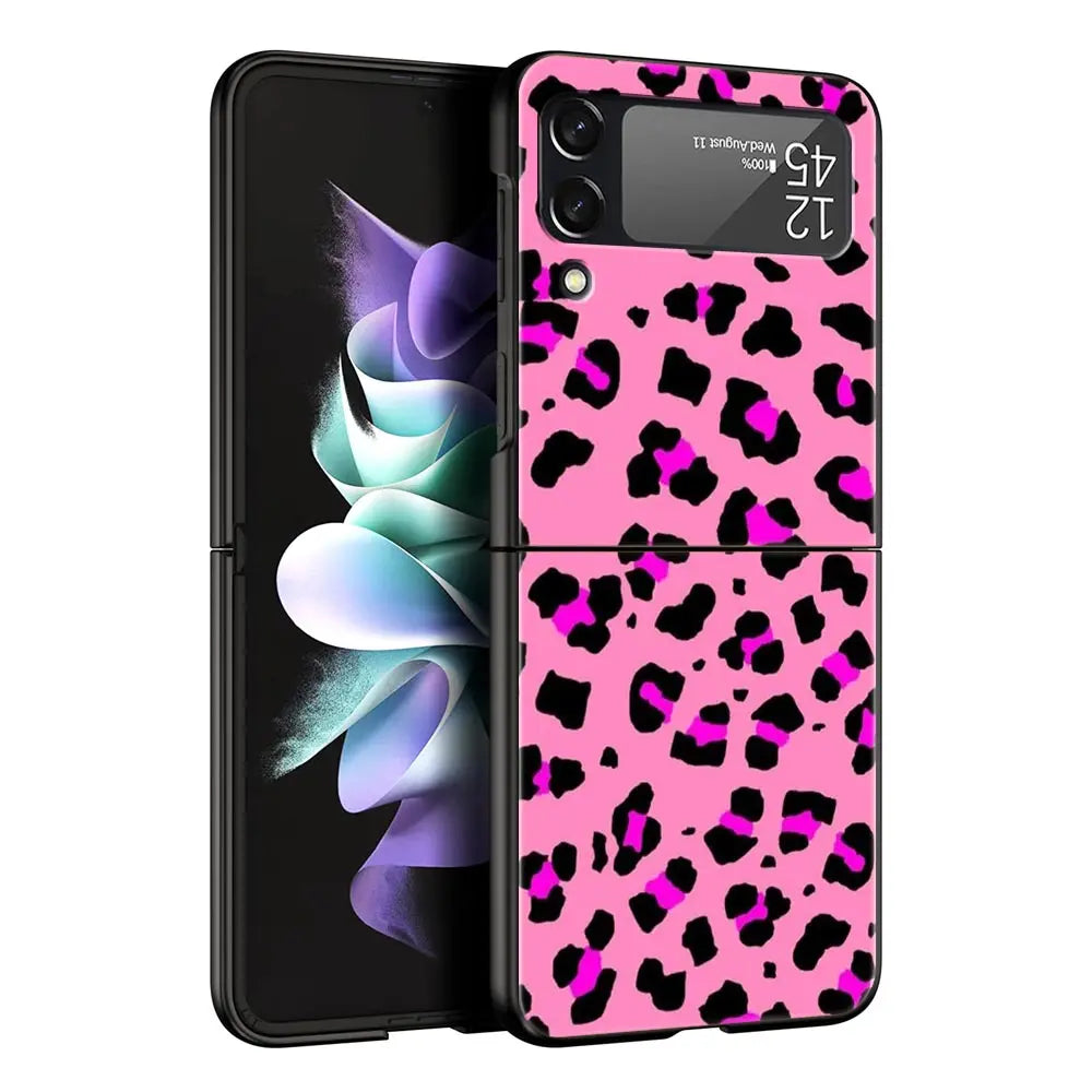 Leopard Print Pattern Phone Case For Samsung Galaxy Z Flip3 Flip4 Flip5 Shell For Z Flip 3 Flip 5 4 5G Black Hard Folding Cover