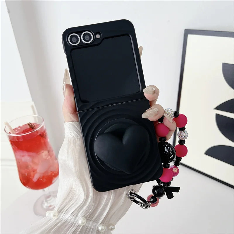 Water Ripple Texture Magnetic Love Stand Phone Case For Samsung Galaxy Z Flip 7 6 5 Flip6 Flip5 Flip7 Cover with Chain Cute Capa