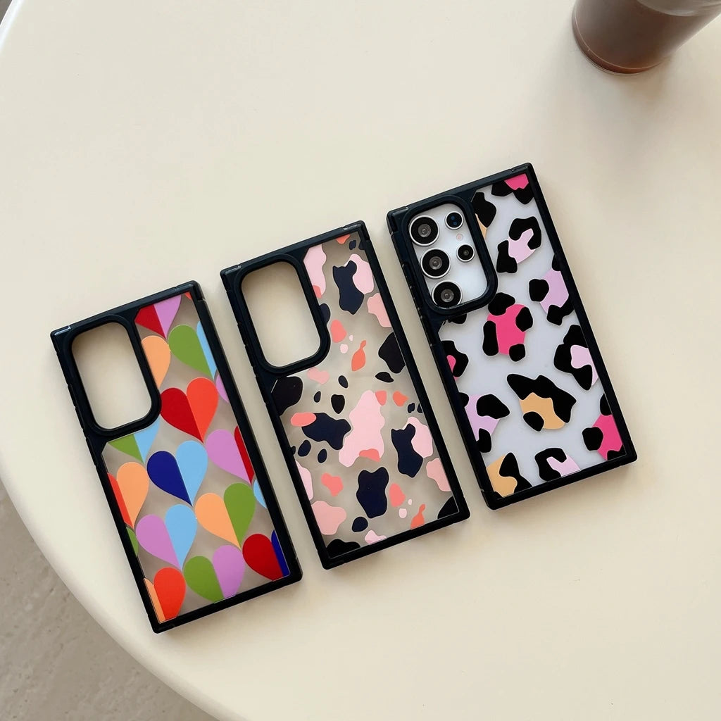 Full Screen Color Collision Leopard Print Love Heart Phone Cover Case for Samsung Galaxy S22 S23 S24 S25 Plus Ultra S23 S24 FE
