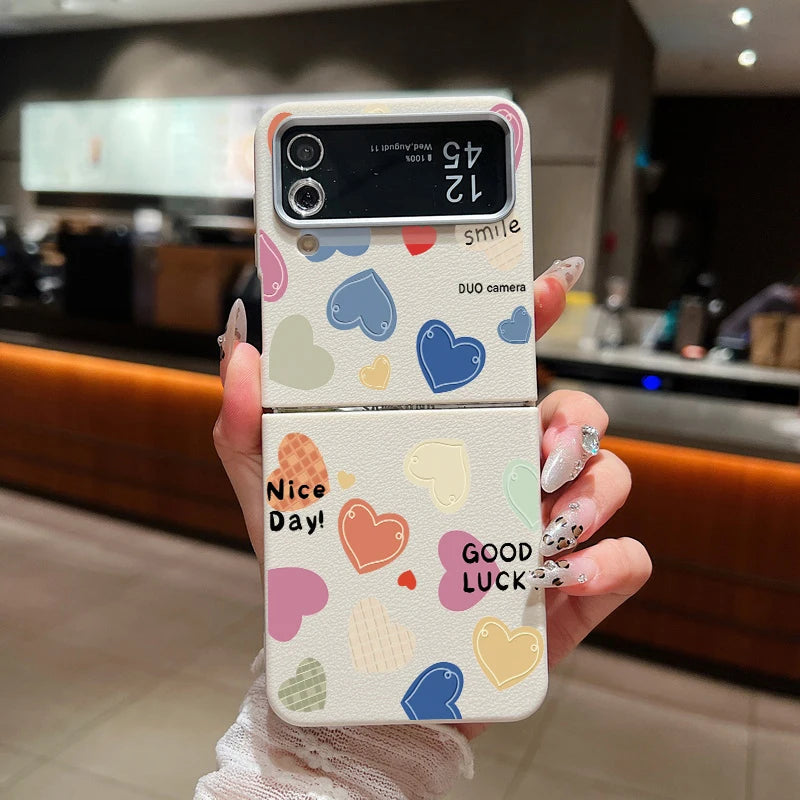 For Samsung Galaxy Z Flip 6 5 4 3 5G Leather Texture Phone Case Love Heart Pattern Soft TPU Folding Cover For Samsung Z Flip5