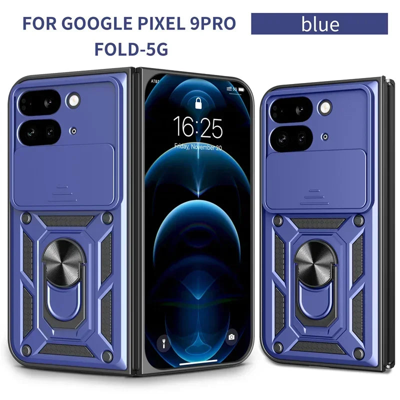 Full Camera Lens Protection Phone Case For Google Pixel 9 Pro Fold 5G Armor Metal Rotating Ring Silicone Soft Back Cover Cases
