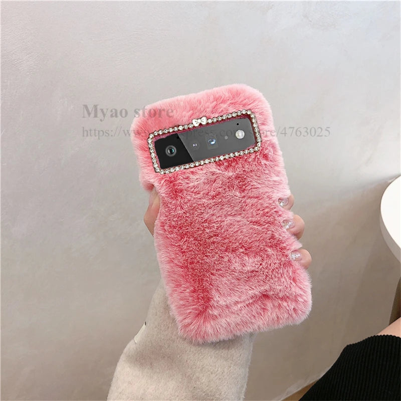 Hot Pink Phone Case For Google Pixel 9 9A 10 Pro 8 8A 7 7A  6 6A 5 5A Cady Color Fluffy Plush Fur Warm Soft Cover For Pixel 8