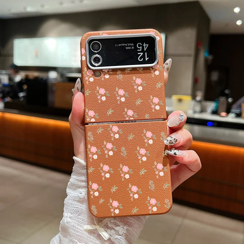Small Pink Flower Case For Samsung Galaxy Z Flip 6 5 4 3 Leather Texture Silicone Folding Cover For Samsung Z Flip6 Flip5 Flip4