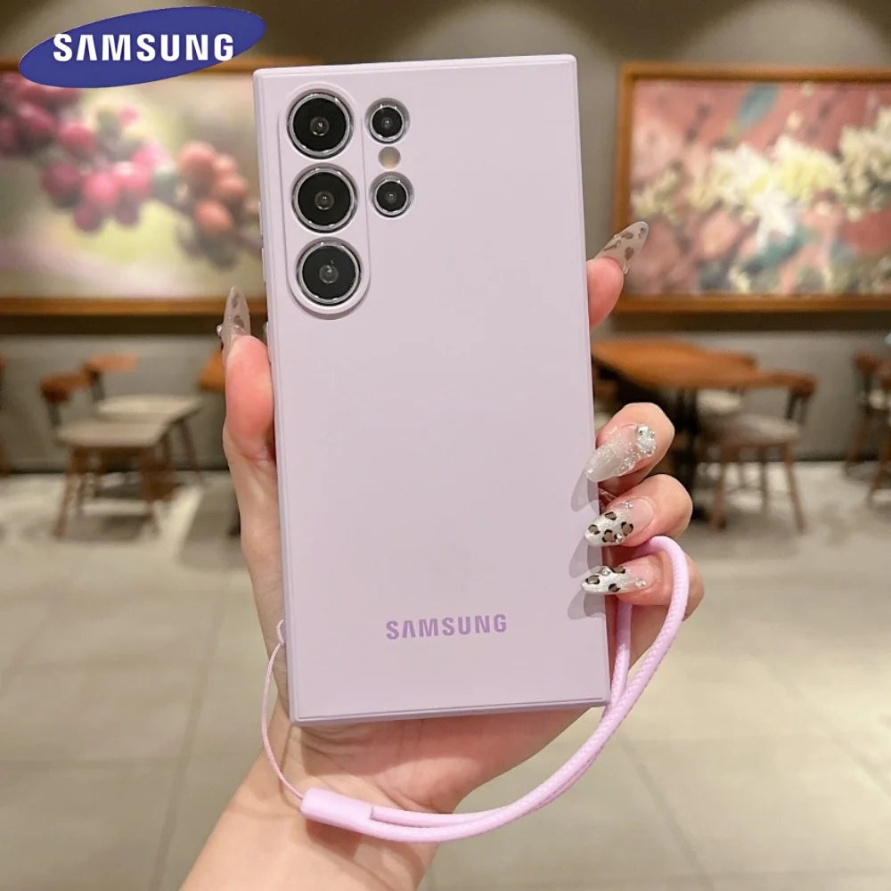 Original Liquid Silicone Wrist Strap Soft Case Samsung Galaxy S25 S24 Ultra S23 S22 Plus S21 FE Lens Protection Thickened Cover