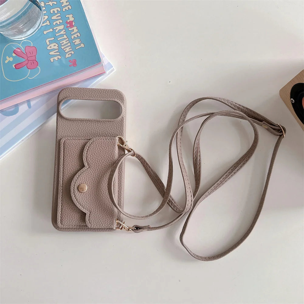 Leather Litchi Wallet Cards Slot Bag Case For Google Pixel 9 8 7 6 9 Pro XL 8A 7A 6A 9XL Shoulder Strap Lanyard Skin Feel Cover