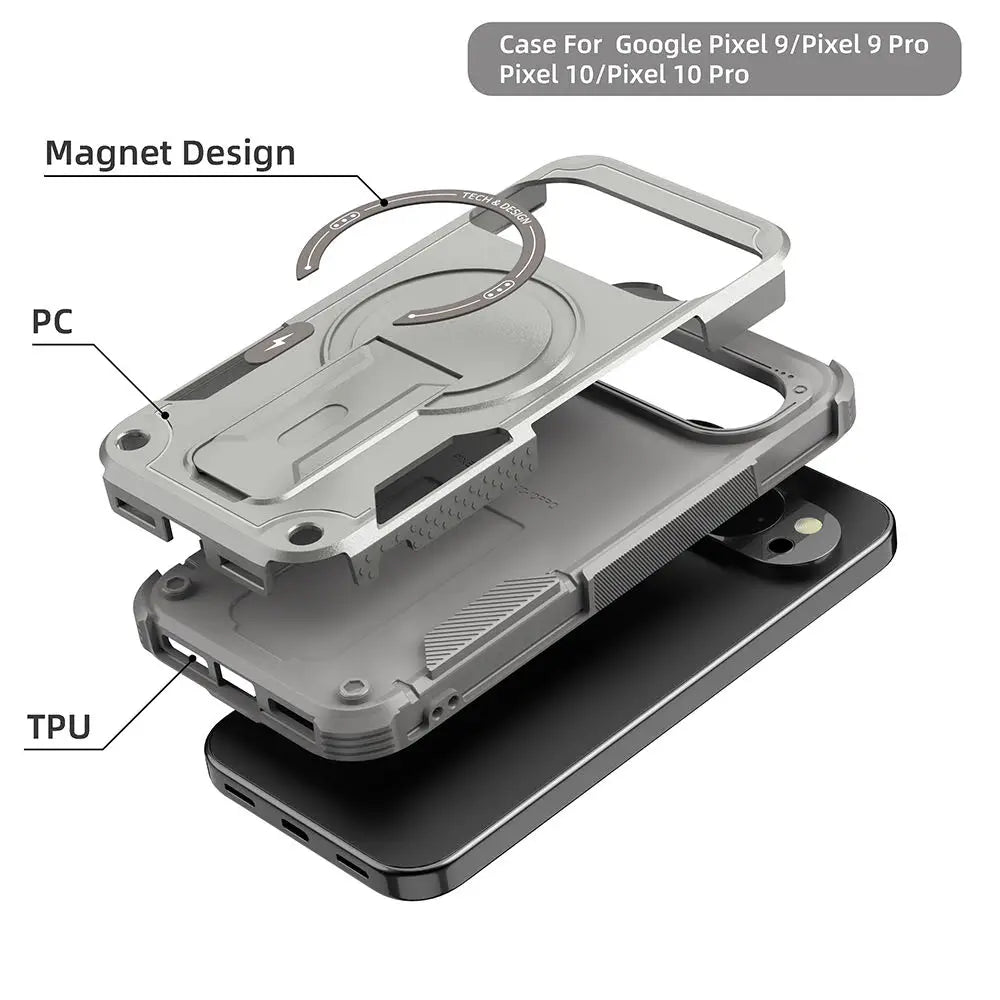Rugged For Magsafe Fold Stand Holder Magnetic Case For Google Pixel 10 10Pro 9 9Pro Heavy Duty Armor Bumper Shockproof Cover